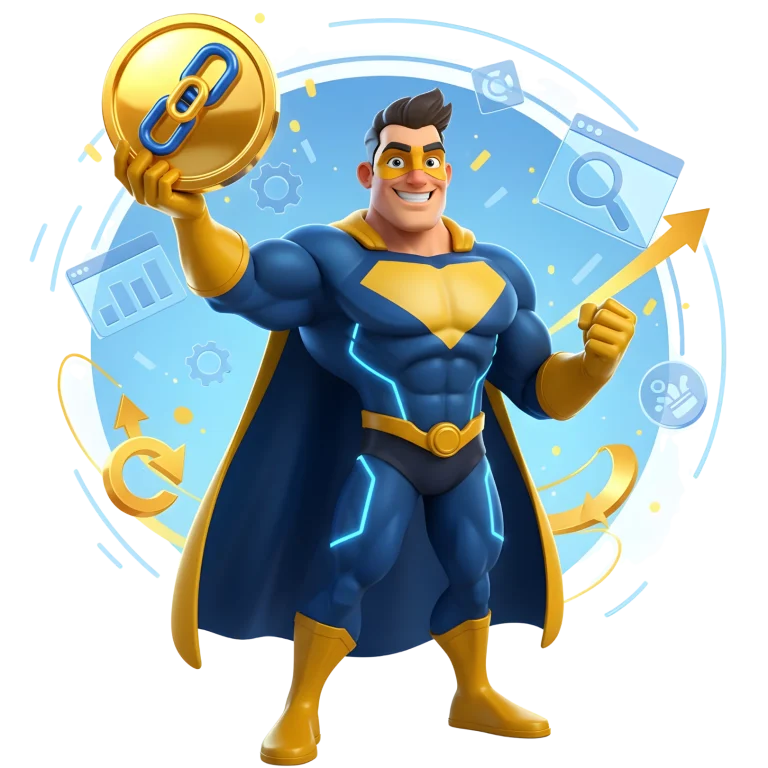 Rank Way superhero holding a golden link coin